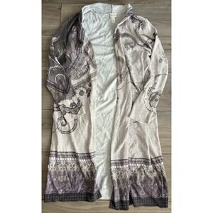 Chico's gray and cream longline duster cardigan sweater paisley Sz 1